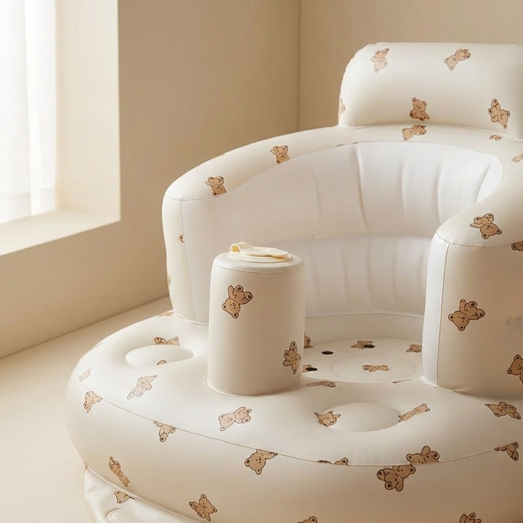 Close-up of built-in air pump valve and backrest on the baby chair
