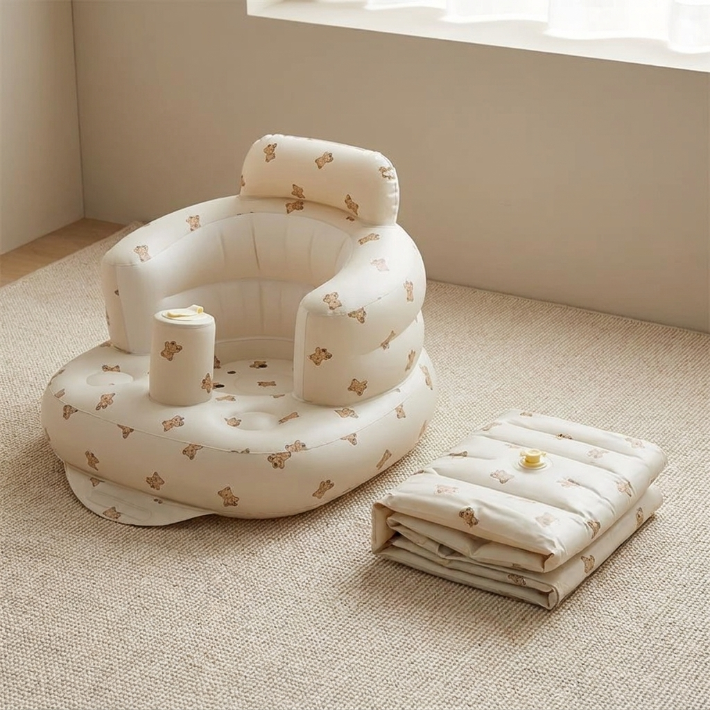 Inflatable baby chair shown deflated and inflated for portability