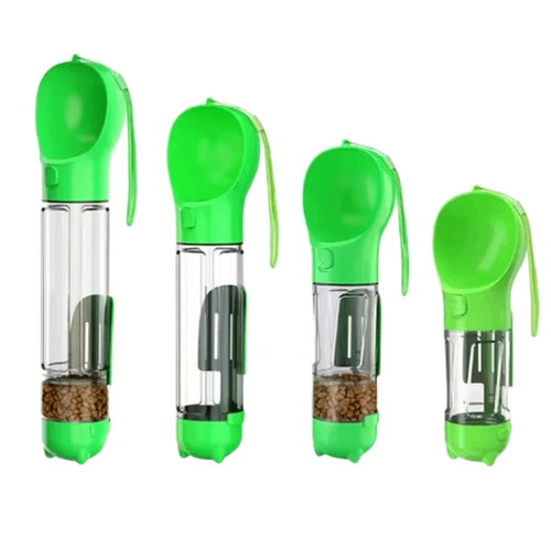 Green portable dog water bottle with food box on white background