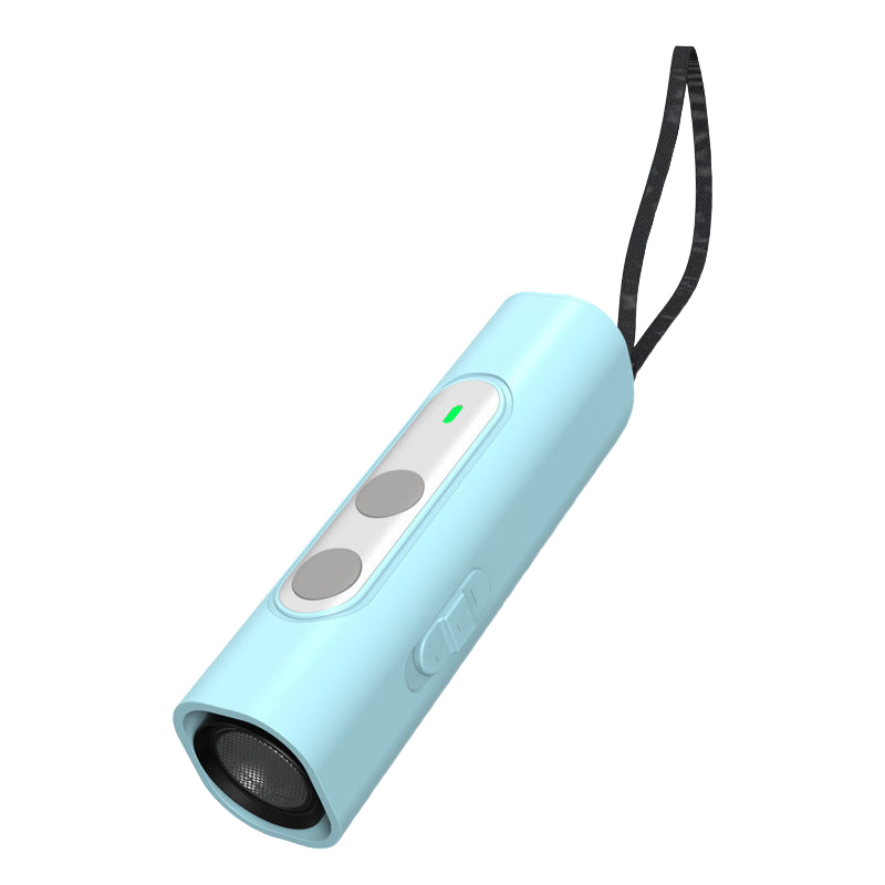 Handheld ultrasonic dog bark deterrent in light blue on white background