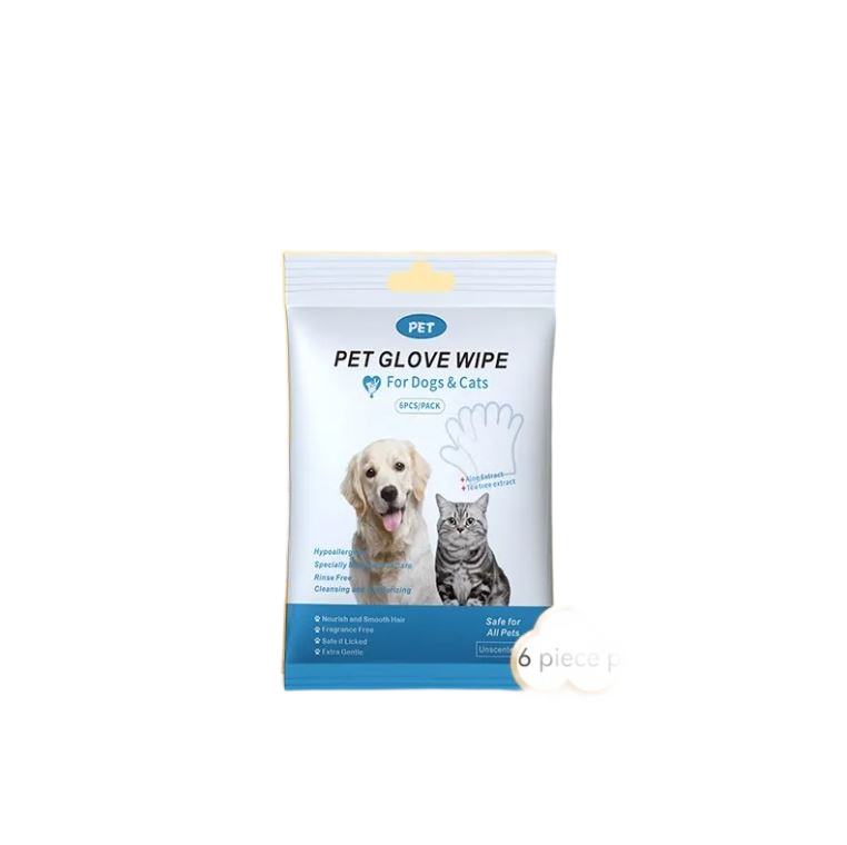 Pet grooming and cleaning glove wipes pack on white background