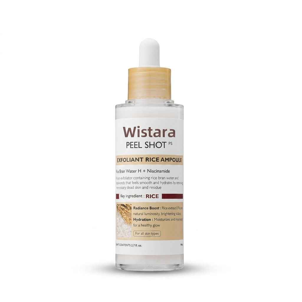 Rice Essence Exfoliating Liquid ampoule bottle on pure white background, square ecommerce packshot