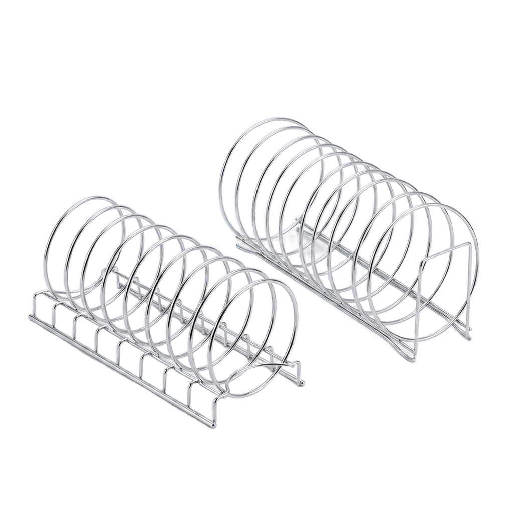 Sleek stainless steel dish organizer rack on a pure white background
