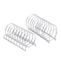 Sleek stainless steel dish organizer rack on a pure white background