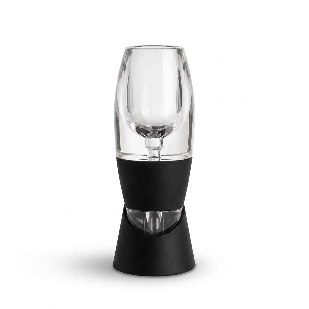 Wine aerator and decanter on stand, pure white studio background square packshot