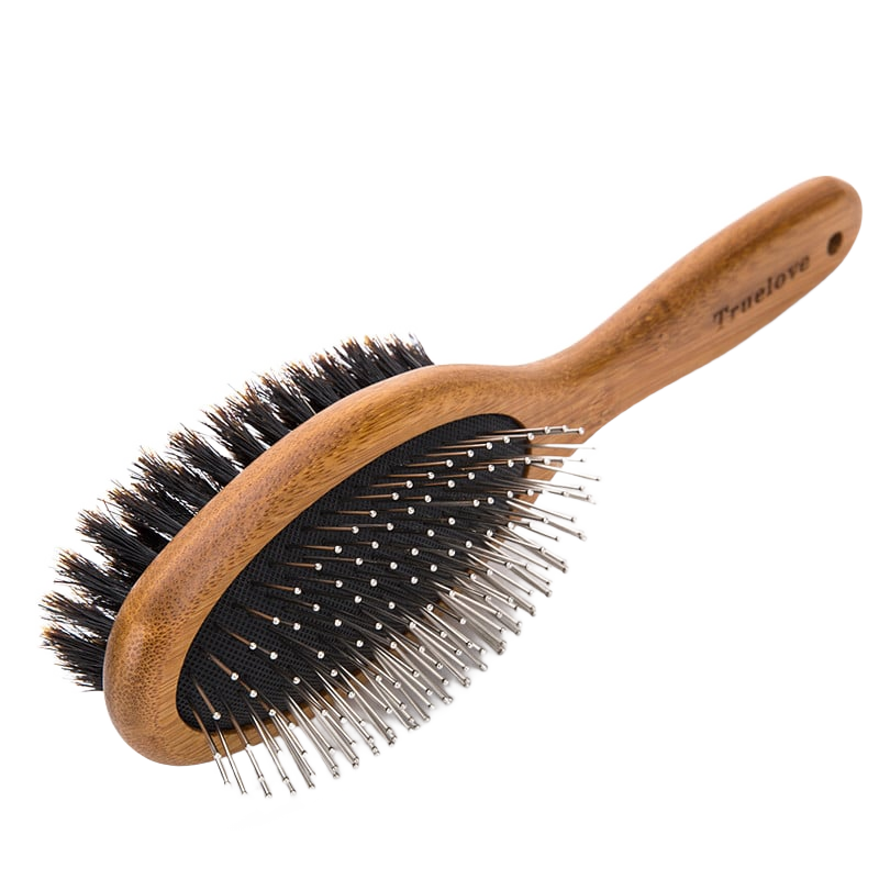 Snagly double-sided bamboo pet grooming comb on pure white background, square ecommerce packshot
