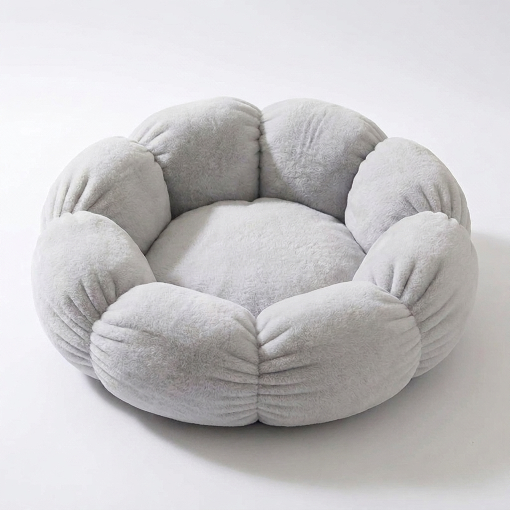 All-Season cozy flower-shaped pet nest on pure white background, square ecommerce packshot