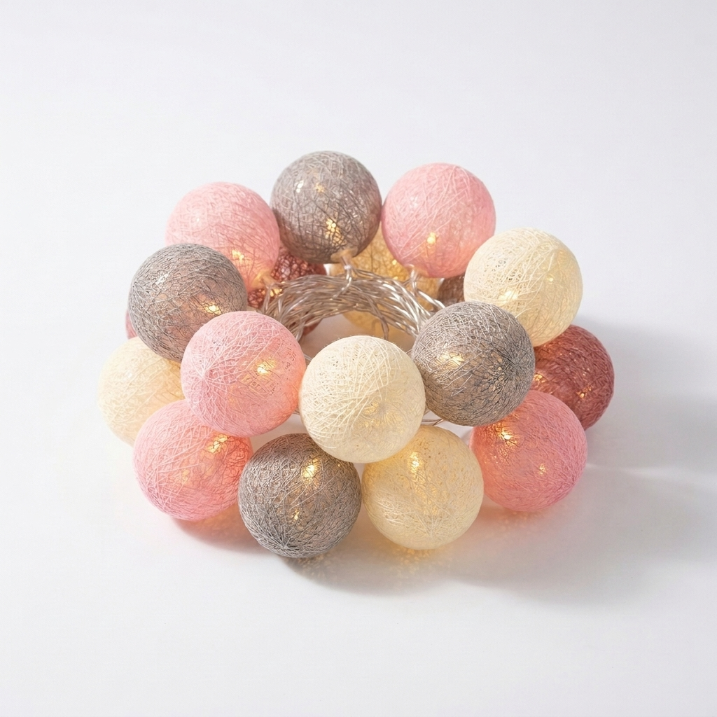 Cotton ball LED string lights on pure white background square packshot