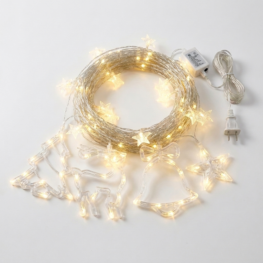 Lantern styled LED decorative light string with charm pendants on pure white background square packshot