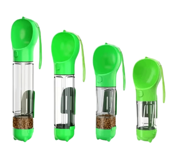 Green portable dog water bottle with food box on pure white background product photo