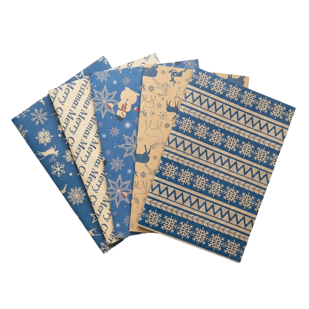 Set of 5 Christmas kraft wrapping paper sheets on pure white background product photo