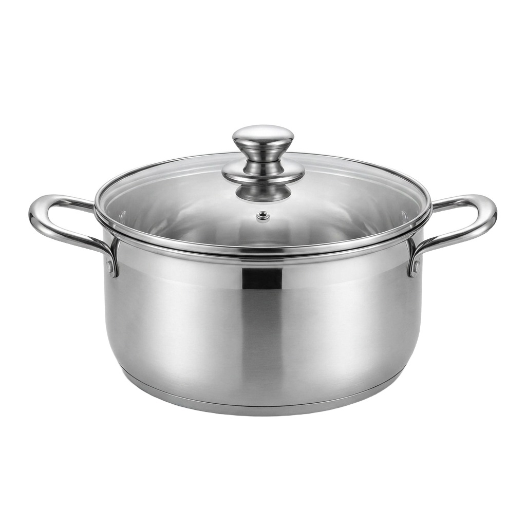 Stainless steel stockpot with glass lid on pure white background product photo