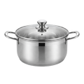 Stainless steel stockpot with glass lid on pure white background product photo