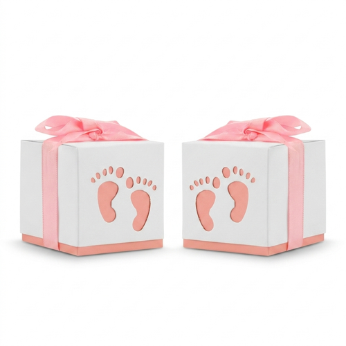 White baby shower favor boxes with pink footprint cut-out and ribbon