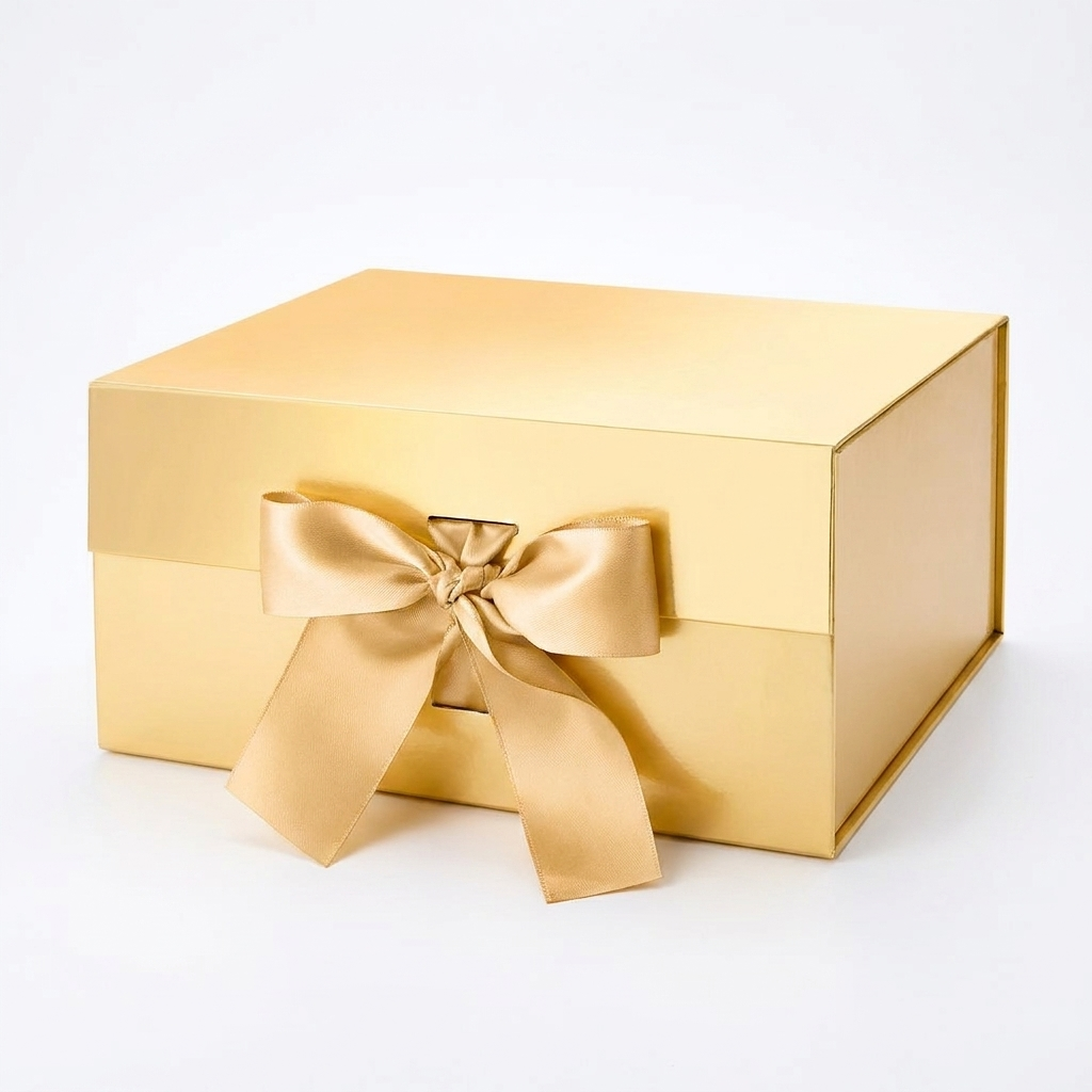 Glossy gold magnetic gift box with gold ribbon on white background