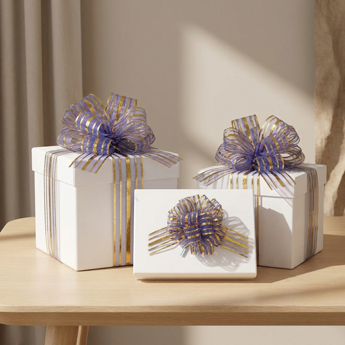 Pull bows decorating wrapped gift boxes