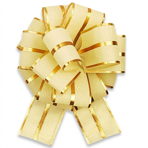 Cream and gold pull bow for gift wrapping on white background