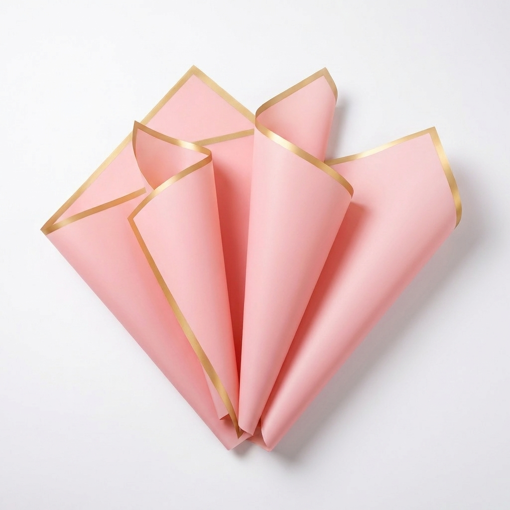 Pink gold-edge floral wrapping paper sheets on white background