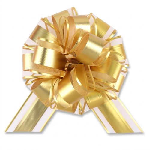 Gold pull bow for gift wrapping on white background