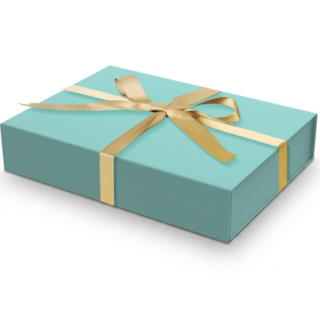 Blue magnetic gift box with gold ribbon