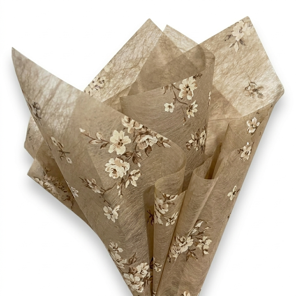 Tan brown non-woven cotton floral wrapping paper on white background