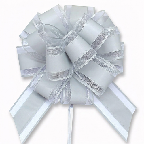 Silver pull bow for gift wrapping on white background