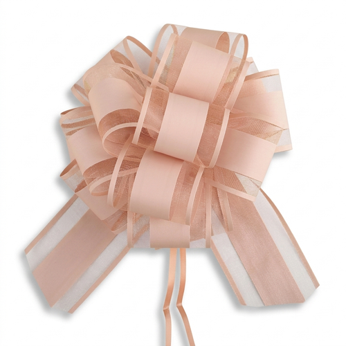 Blush pink organza pull bow for gift wrapping on white background
