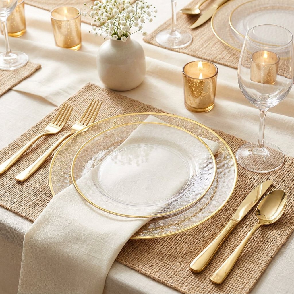 Clear gold-trim plate place setting with gold cutlery and burlap placemat
