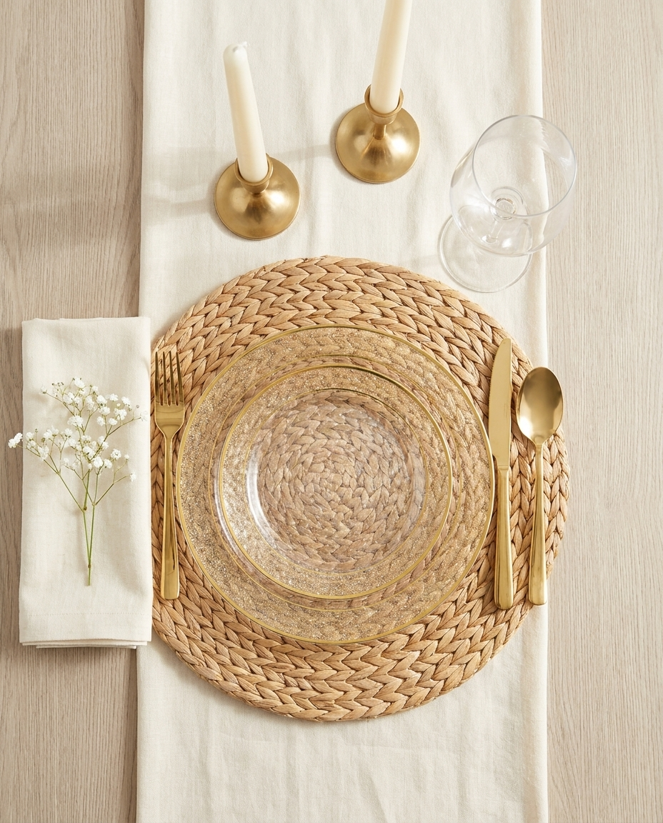 Overhead flat-lay of clear gold-trim place setting with baby's breath