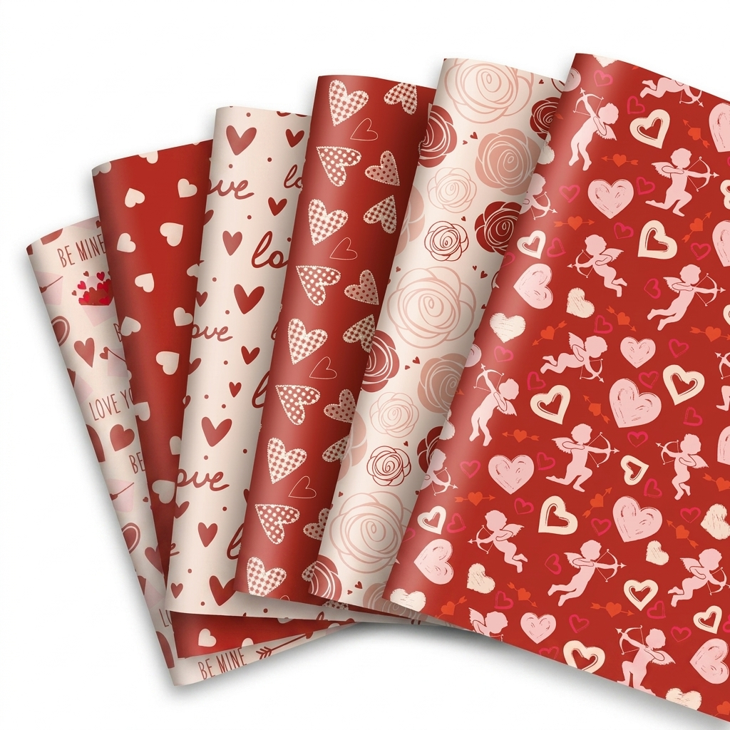 Valentine's red and pink heart and cupid wrapping paper, 12 flat sheets fanned out