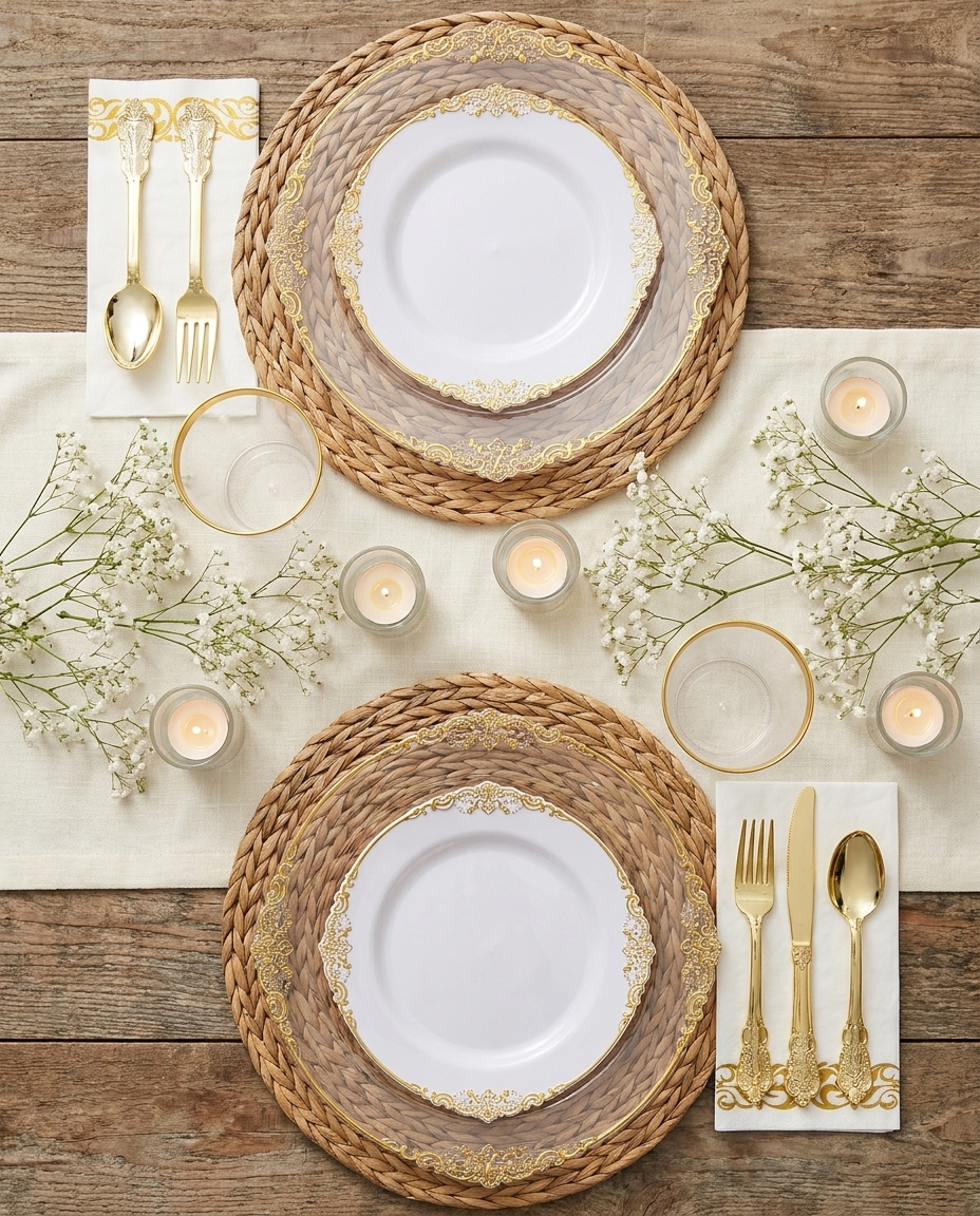 Overhead flat-lay of clear gold dinnerware table setting for two