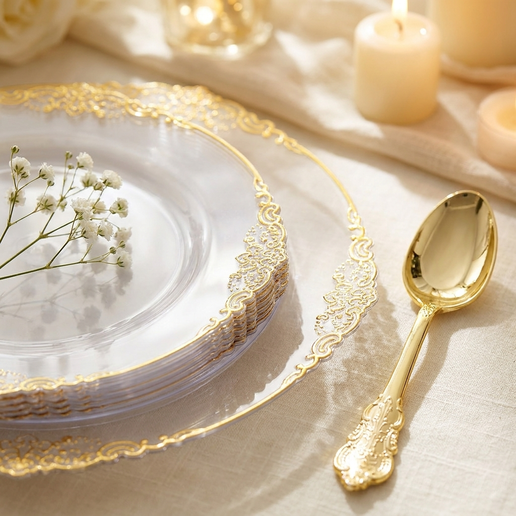 Close-up of clear plate with ornate gold filigree rim