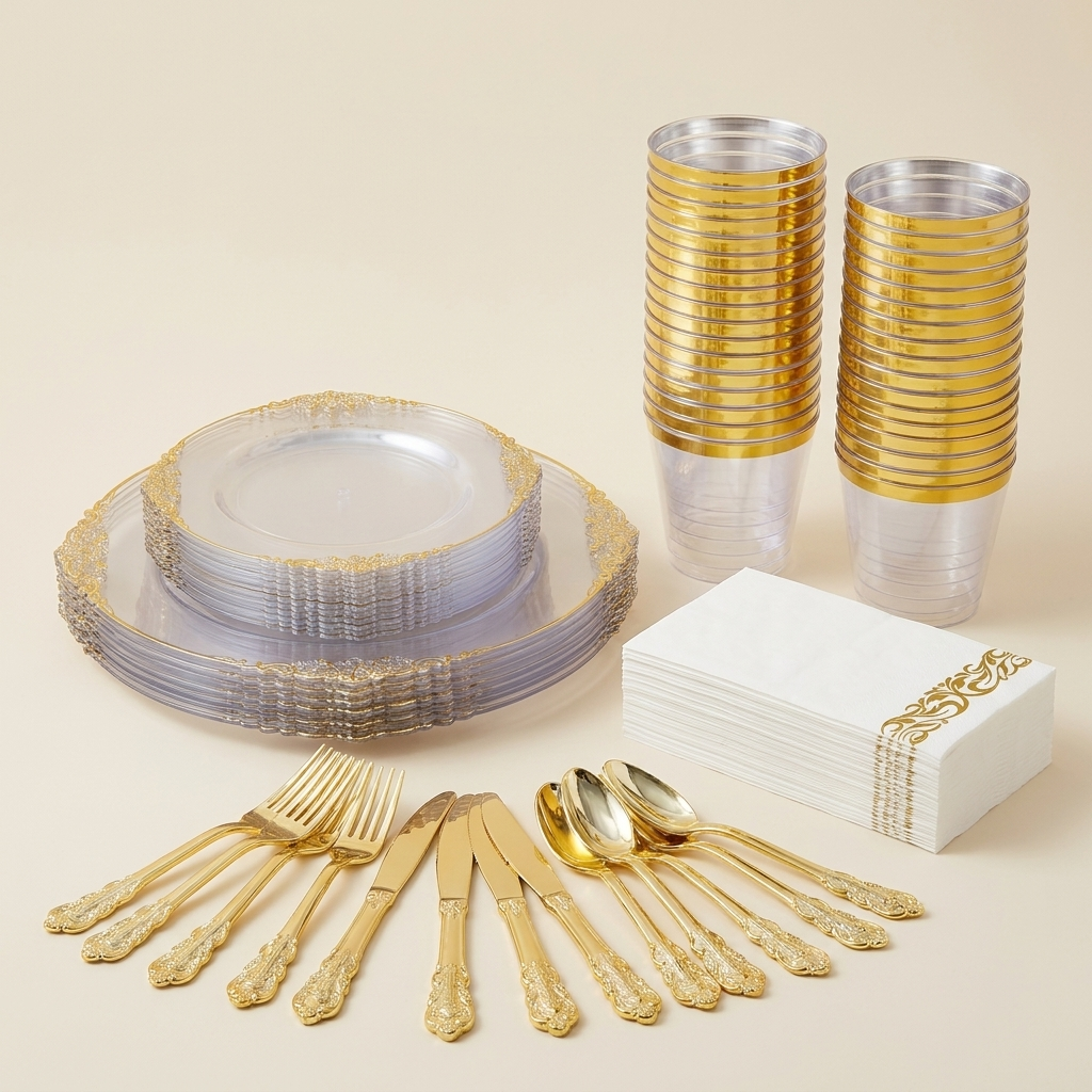 Full 175-piece clear gold set: plates, cutlery, cups and napkins