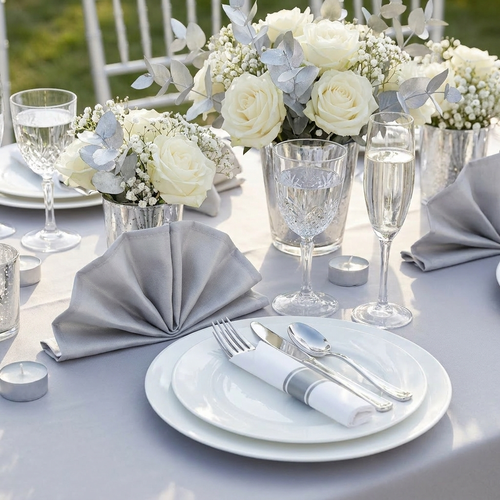 Silver pre-rolled plastic cutlery set arranged on an elegant wedding reception tablescape with white plates and crystal glassware
