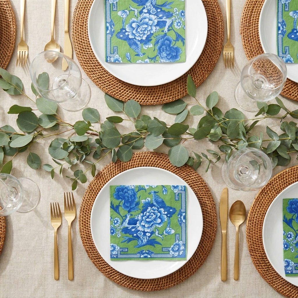 Green and blue artistic cocktail napkins styled garden party tablescape with gold cutlery and eucalyptus