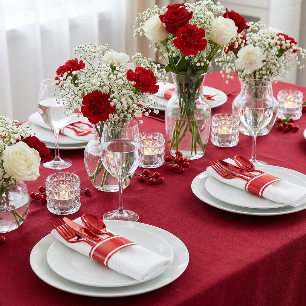 Red pre-rolled plastic cutlery set on an elegant festive table setting with white plates and red linen florals