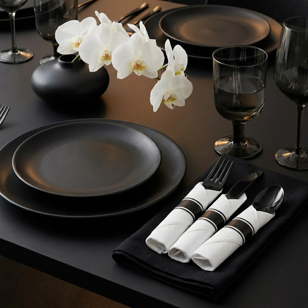 Black pre-rolled plastic cutlery set fanned out on a styled minimalist dinner party table with matte black plates and white orchids