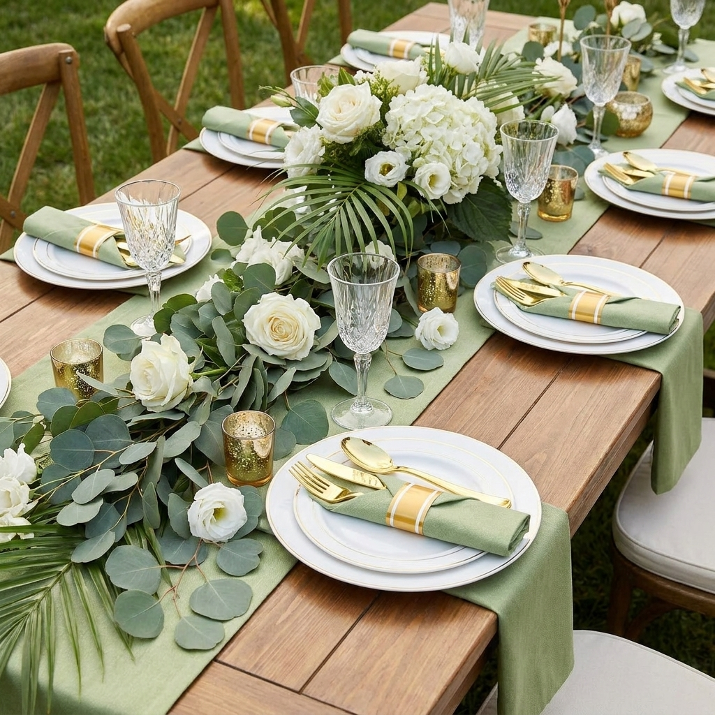Gold and green pre-rolled plastic cutlery set on a garden party table with tropical greenery, eucalyptus, and white florals