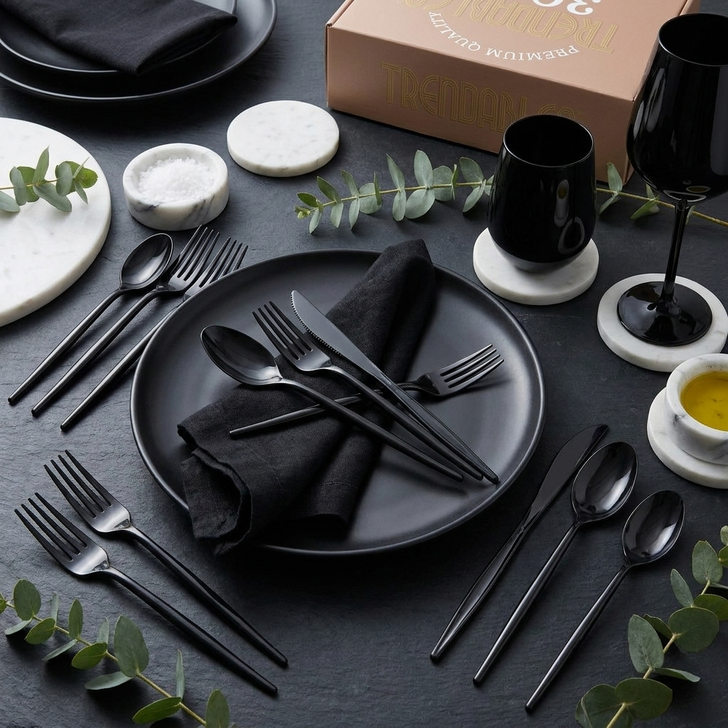Black disposable plastic cutlery set 360 pieces styled in a flat-lay on dark slate with matte black plates and eucalyptus