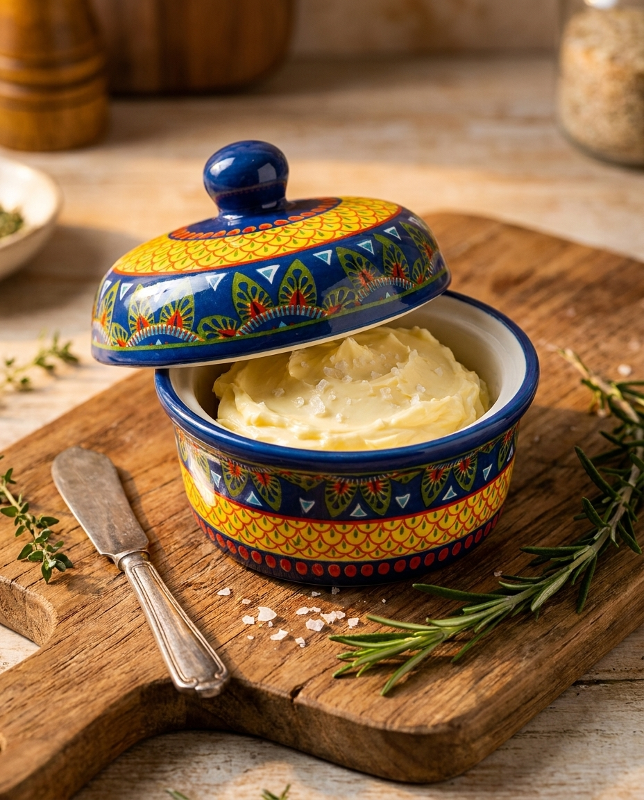 Single ceramic butter box open with fresh butter on a rustic wooden board