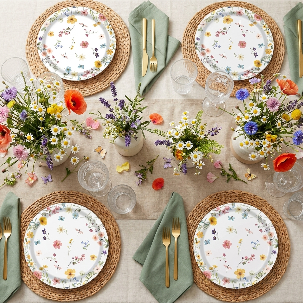 Wildflower spring floral 48-piece party plates styled tablescape with sage green napkins and wildflower bouquet