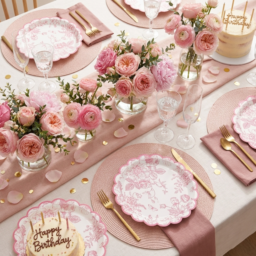 Pink floral paper plates baby shower tablescape with blush napkins, rose gold cutlery and pink peony florals