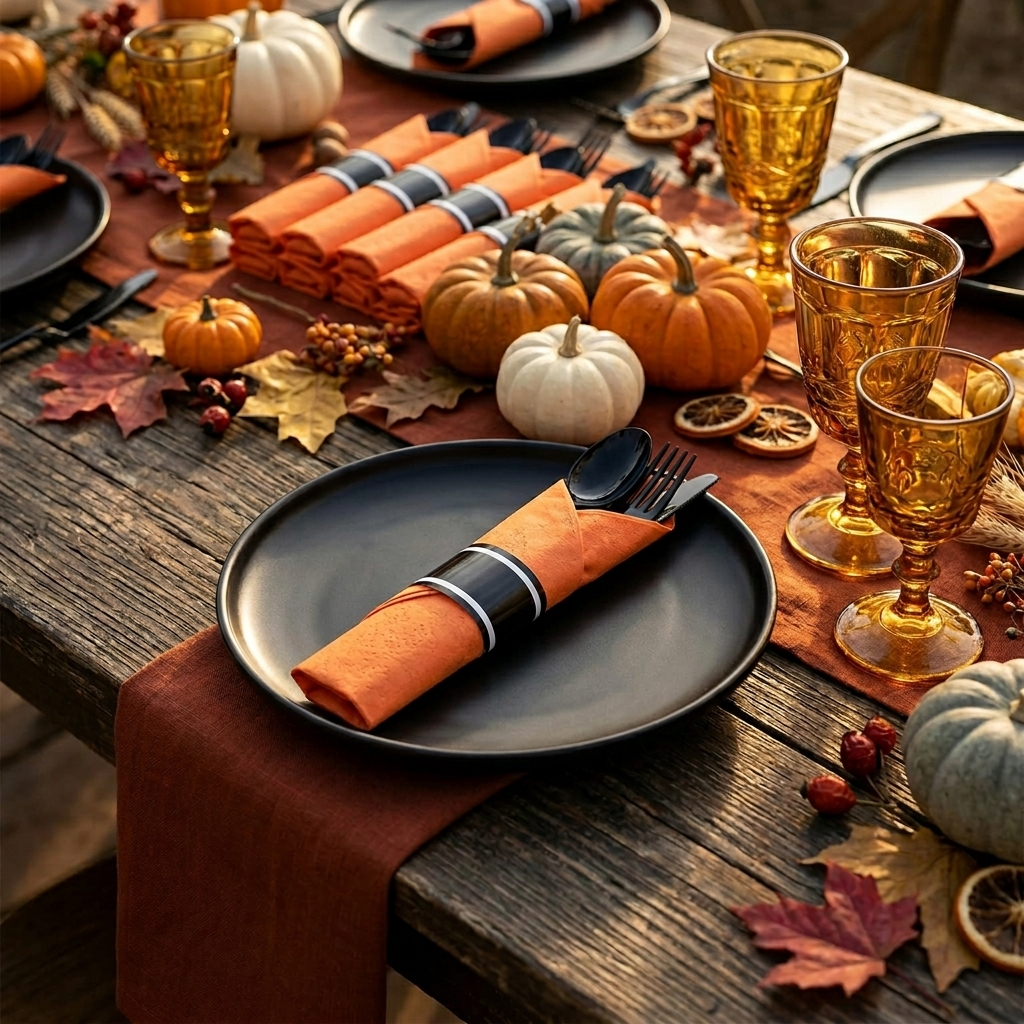 Black pre-rolled plastic cutlery with orange napkins on a Thanksgiving harvest tablescape with pumpkins and autumn florals