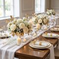 Gold pre-rolled plastic cutlery set on an elegant wedding reception tablescape with ivory plates, gold-rimmed glassware and white florals