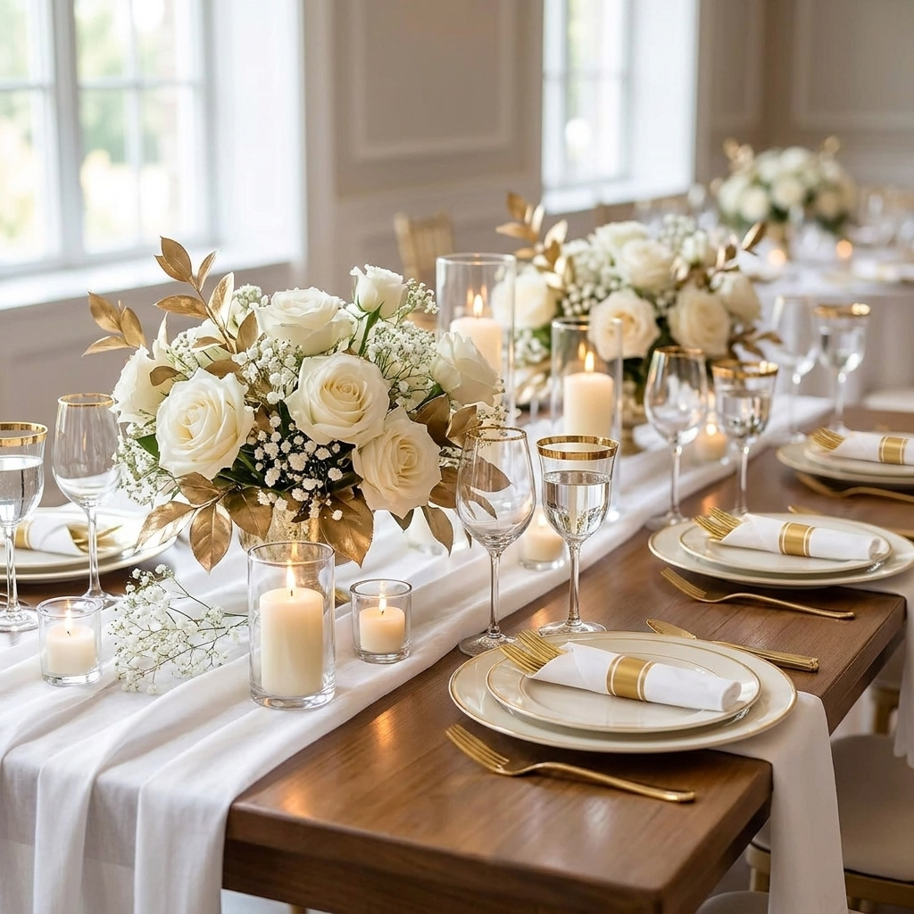 Gold pre-rolled plastic cutlery set on an elegant wedding reception tablescape with ivory plates, gold-rimmed glassware and white florals