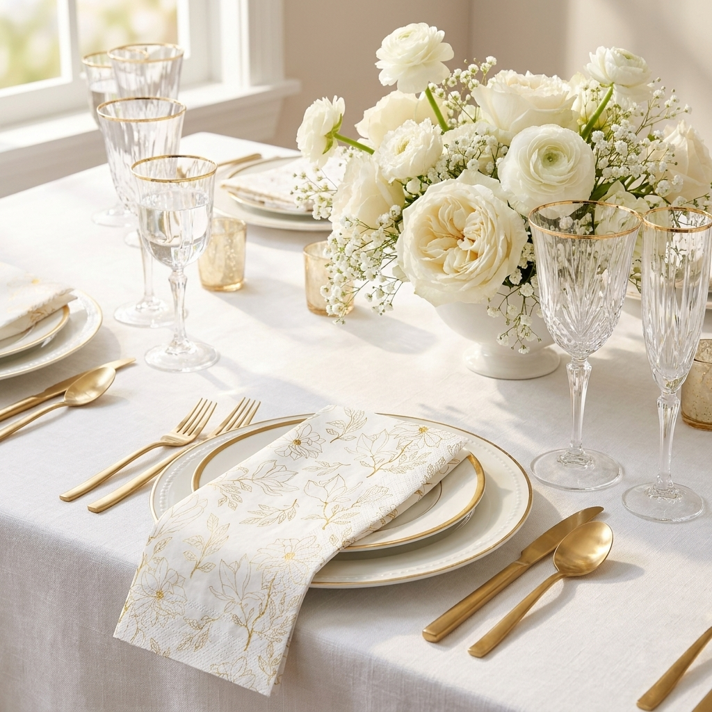 Gold and white floral cocktail paper napkins styled in elegant table setting with glassware and flowers