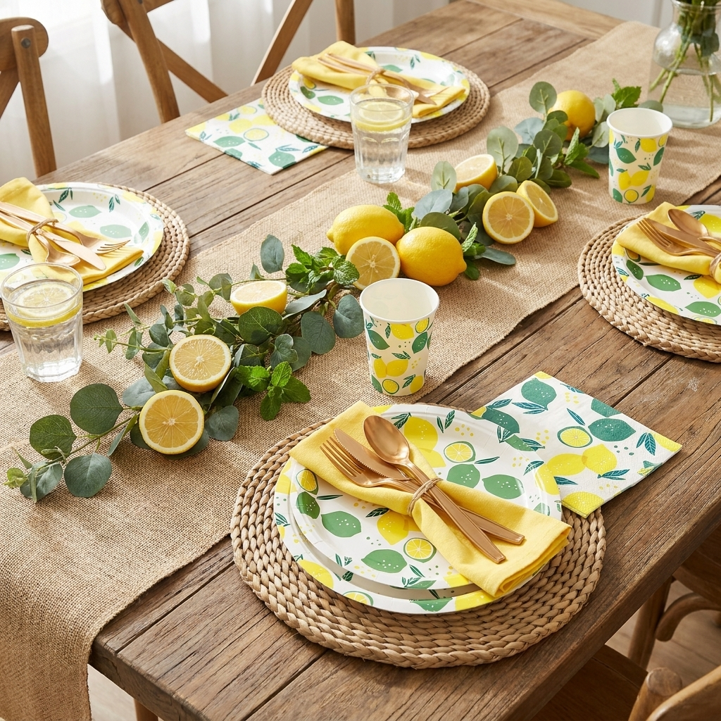 Lemon yellow party table place setting with disposable plates cups napkins and gold cutlery on burlap runner