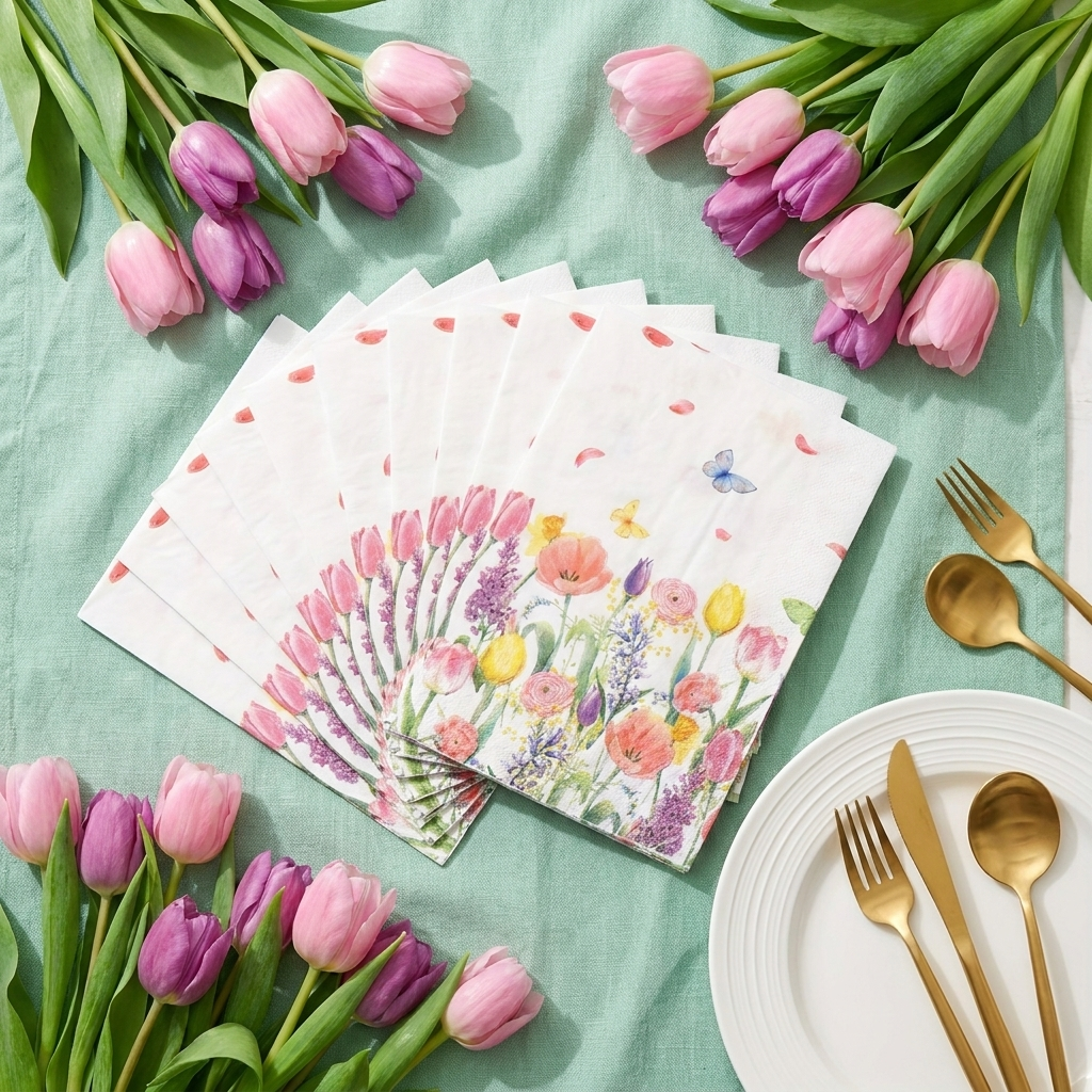 Tulip paper napkins fanned out with fresh tulip florals and gold cutlery on mint green linen