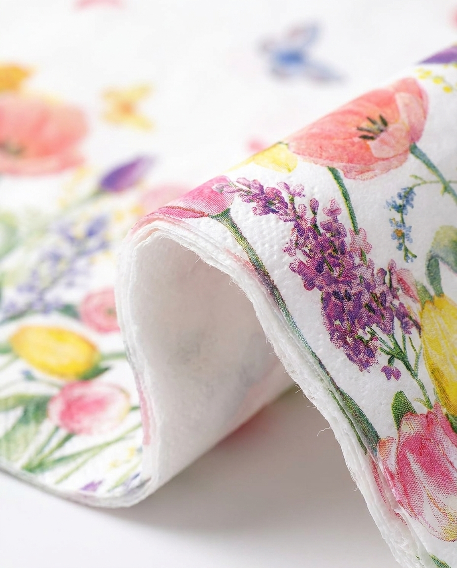 Close-up of tulip paper napkin showing 2-ply quality and vibrant floral print