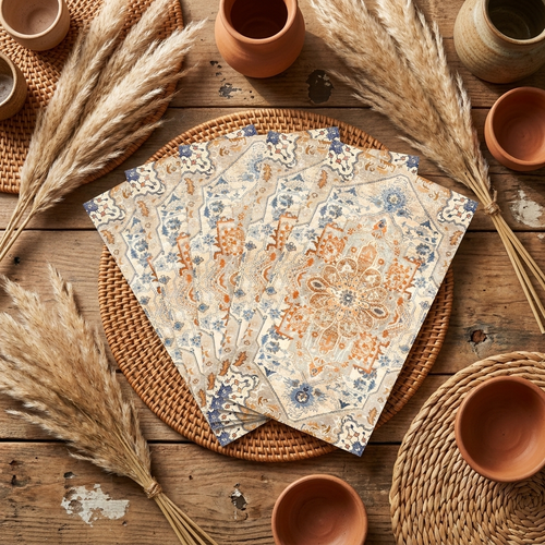 Orange and cyan boho napkins fanned out on rattan placemats with pampas grass and terracotta accents